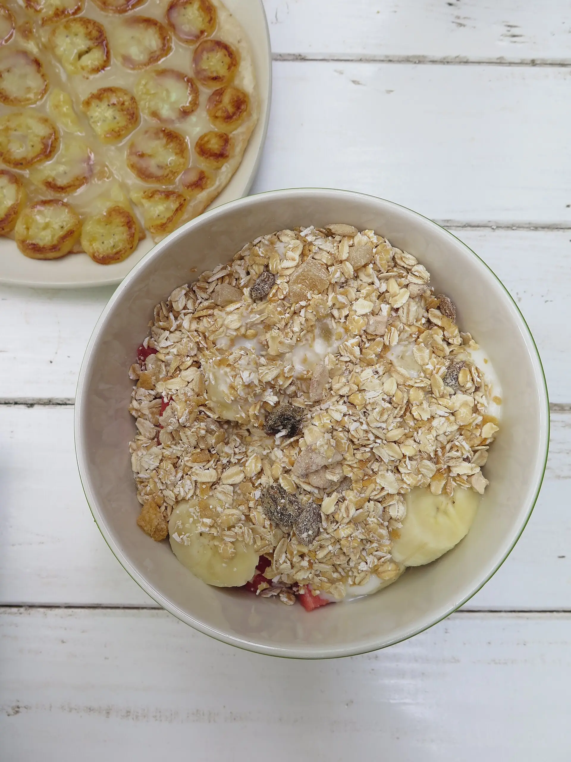 A bowl of oats with fruit, a simple filling breakfast